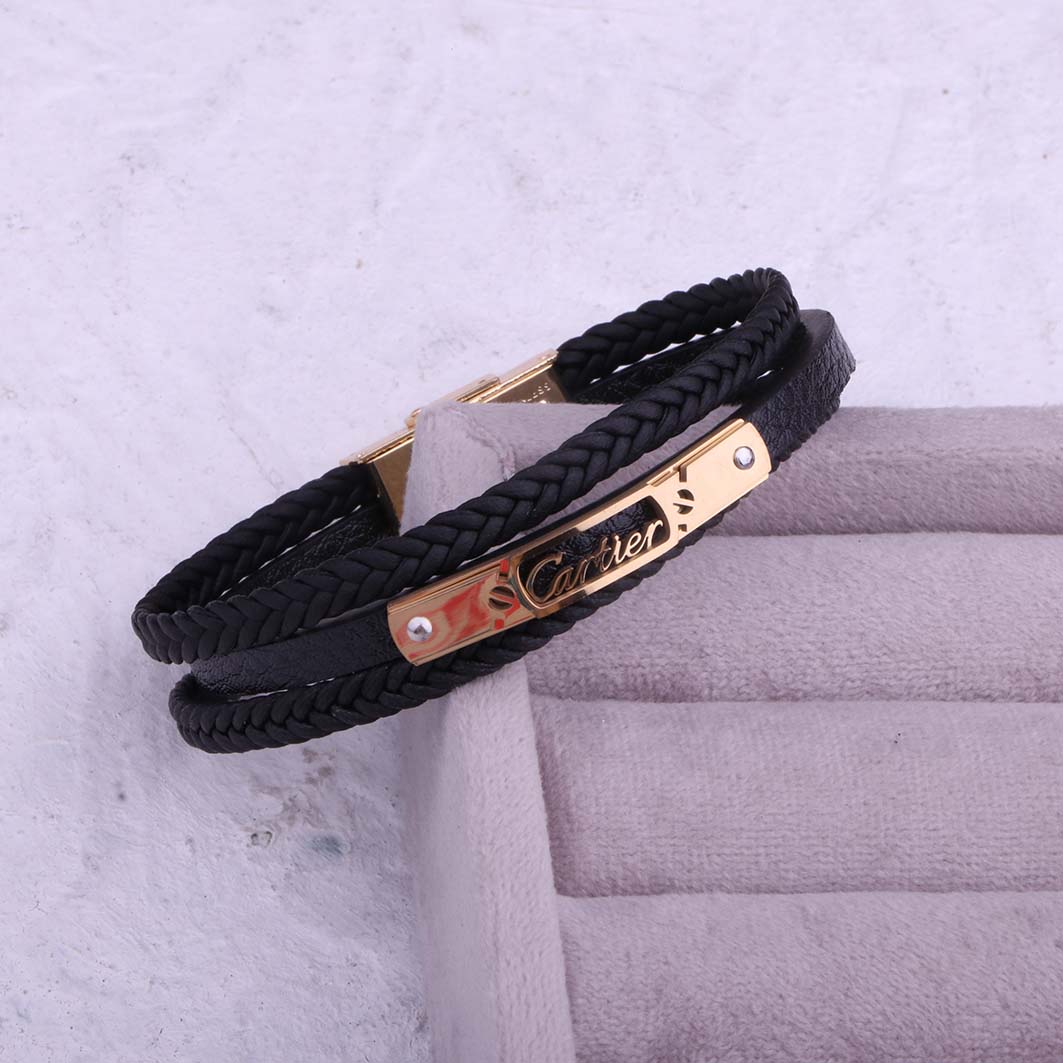 دستبند چرم سه لاین کارتیه(Cartier) طلایی