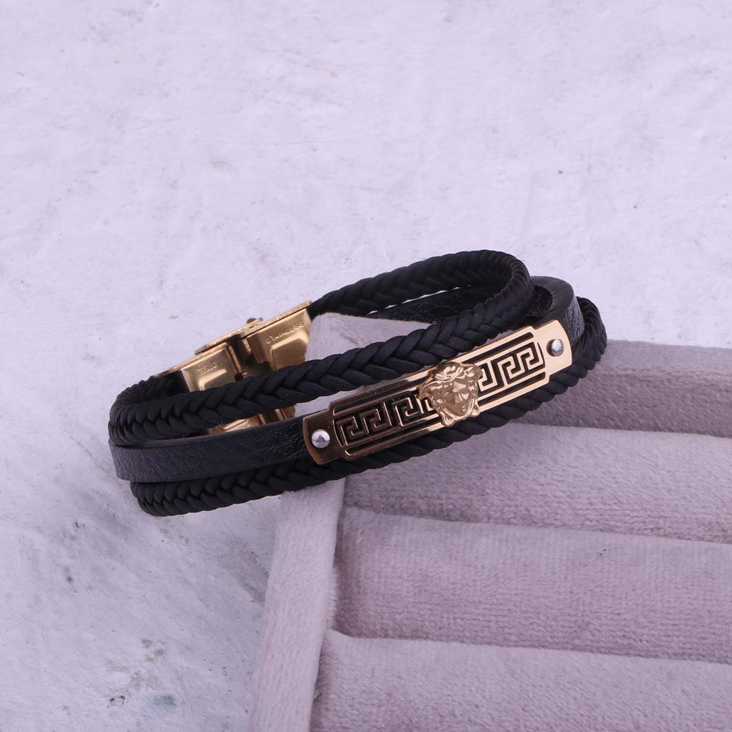 دستبند چرم سه لاین ورساچه(Versace) طلایی