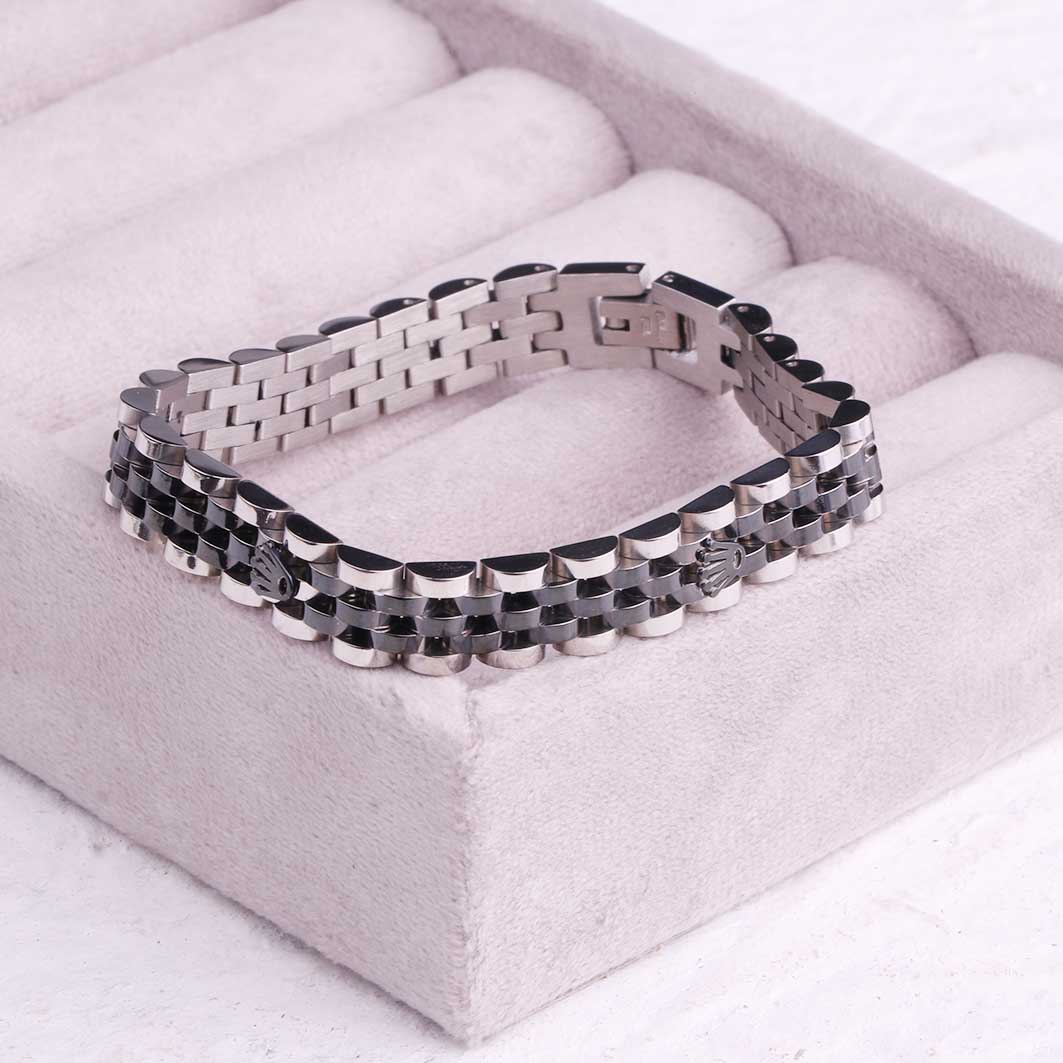 دستبند استیل رولکس پلاک دار 2رنگ مشکی نقره ای عرض 10میلیمتری مردانه با حک ROLEX